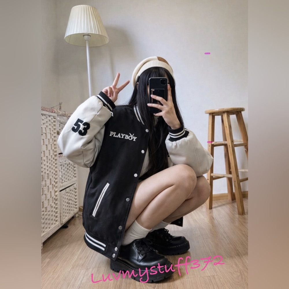 👯‍♀️PLAYBOY🐰Black and Cream Varsity Jacket